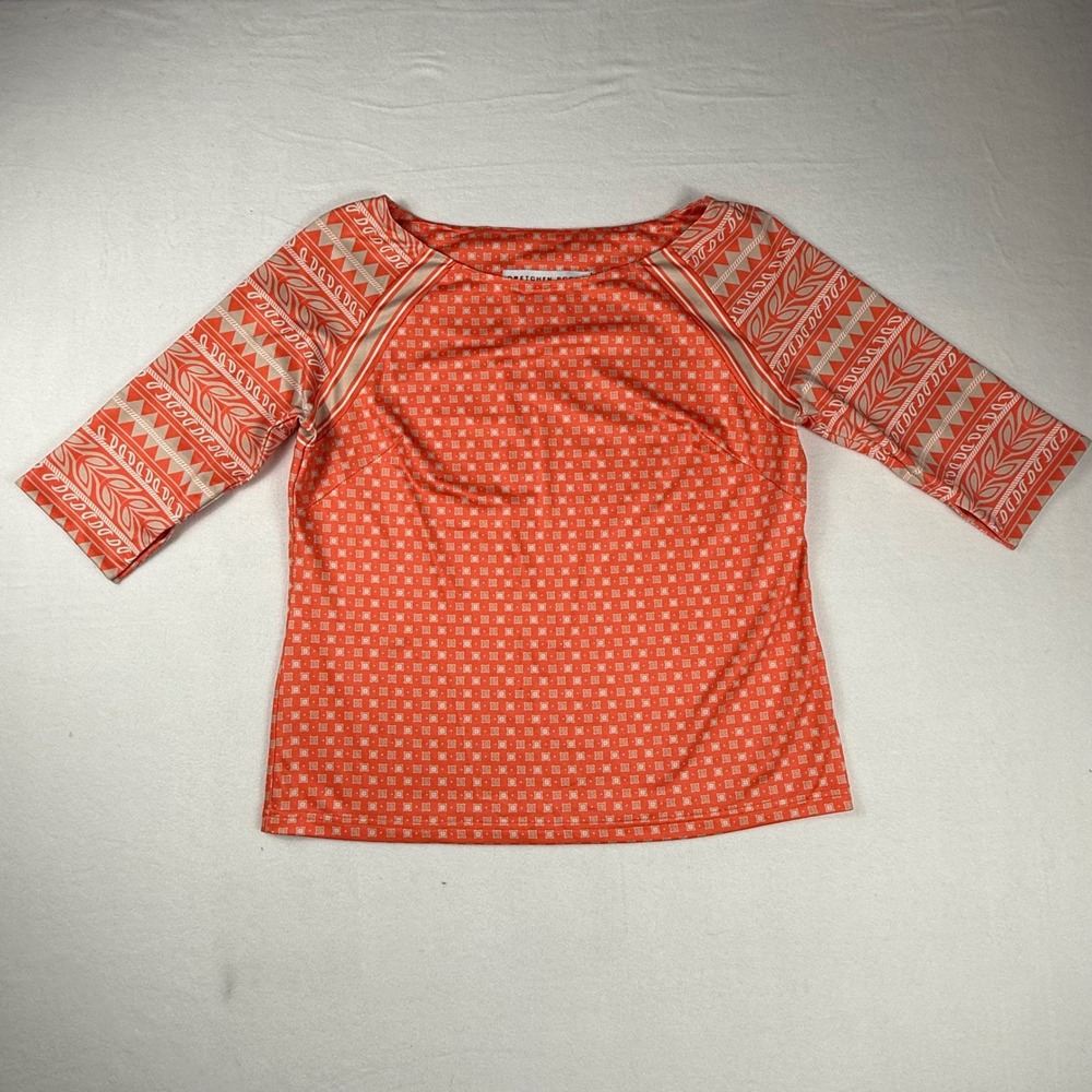 Gretchen Scott Top Size M‎ Orange Geometric Print 3/4 Sleeve Preppy Coastal Chic